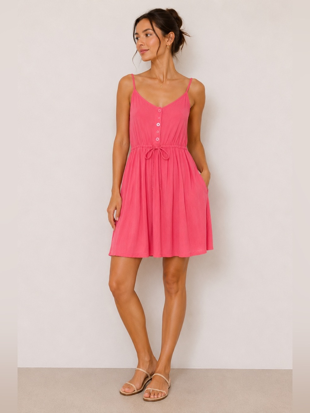 H&M Coral Pink Spaghetti-Strap Button Dress